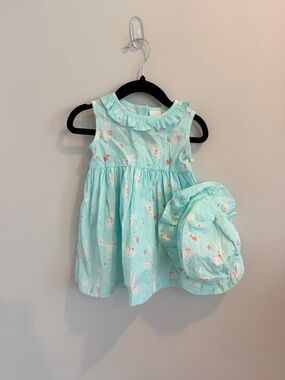 Sleeveless Mint Blue Bunny Print Dress with Matching Hat (6-9M)